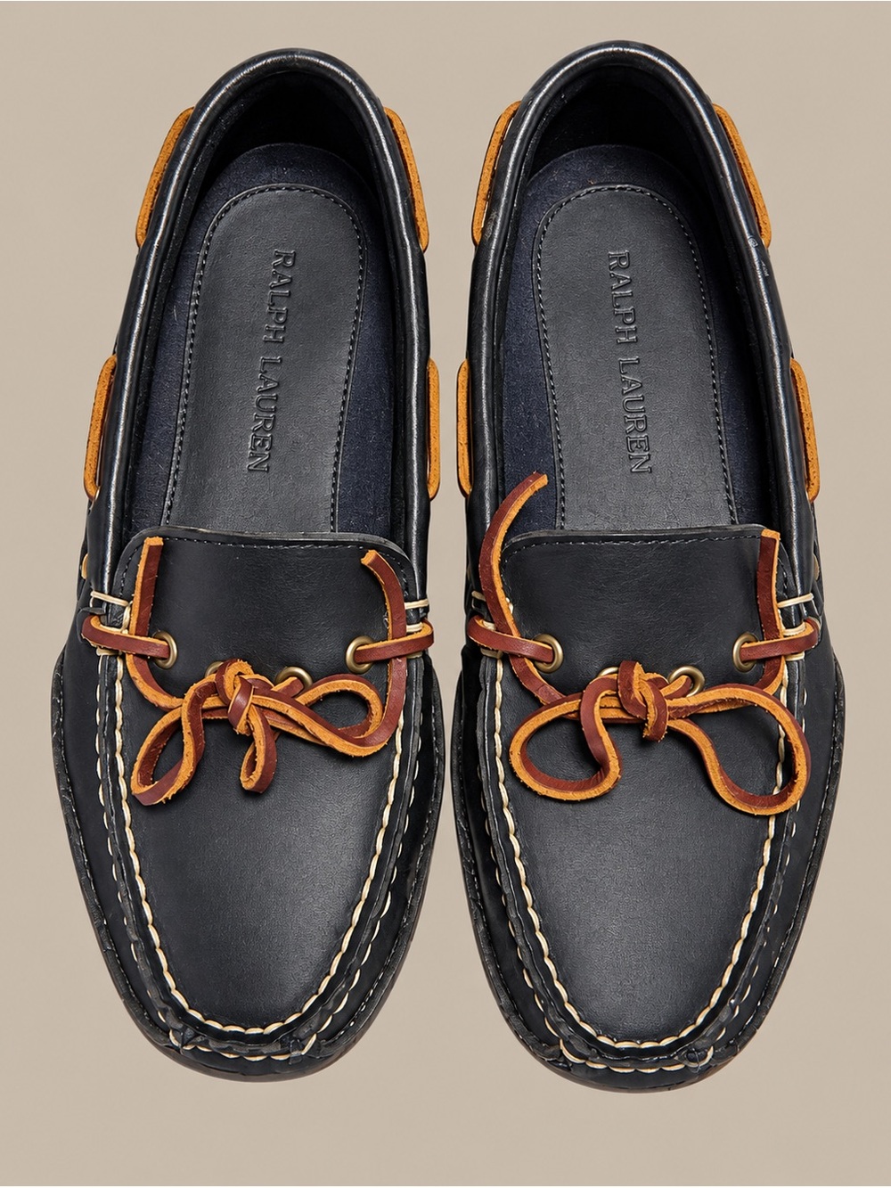 Ralph Lauren Men's Black Leather Boat Shoes with Brown Accents